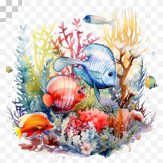 Coral reef and fish watercolor style