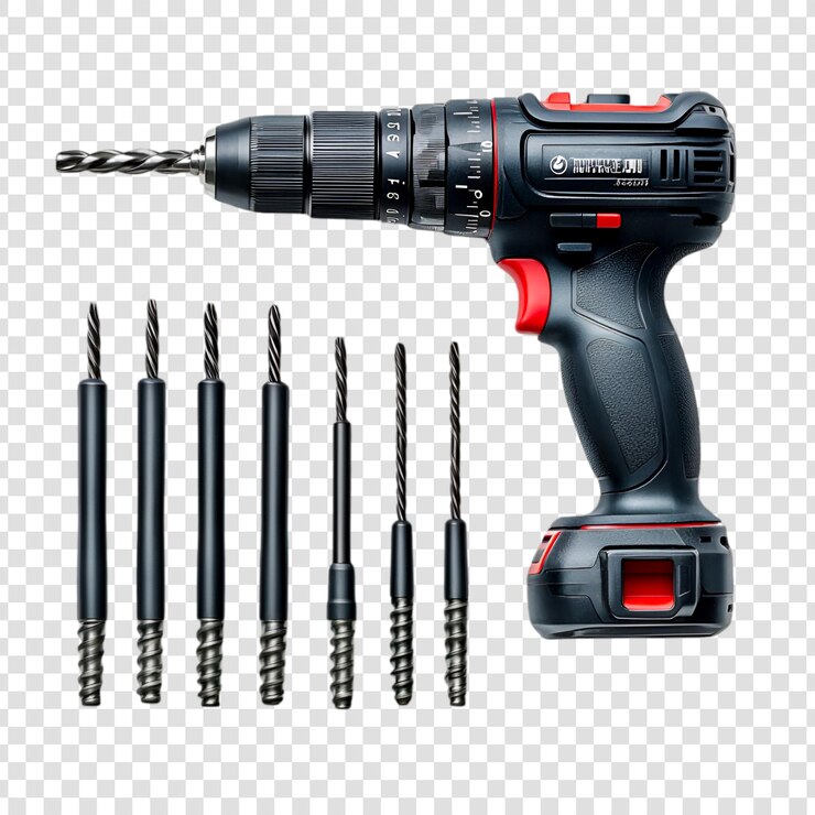 PSD cordless drill with various drill bits ready for diy projects