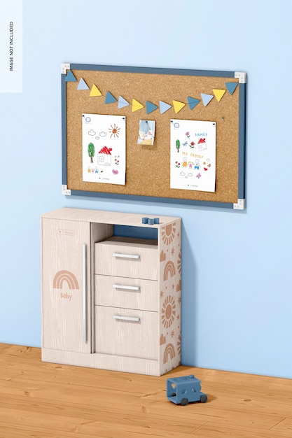 PSD cork pinboard mockup, with drawer