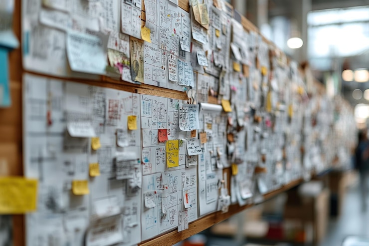 PSD a corkboard covered in colorful sticky notes with handwritten notes and drawings in an office setting