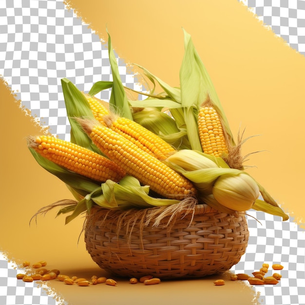 PSD corn in a basket with corn on a checkered background