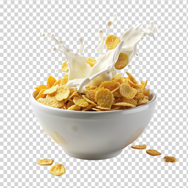PSD corn flakes with milk splash in white bowl isolated on transparent background