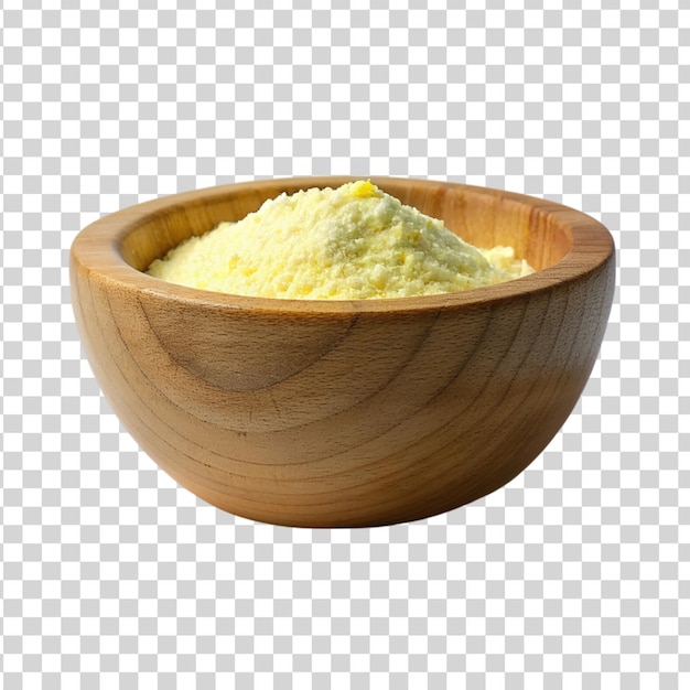 Corn flour on wooden bowl isolated on transparent background