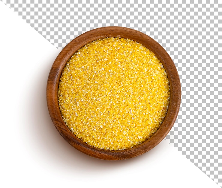 PSD corn grits in wooden bowl isolated on white background