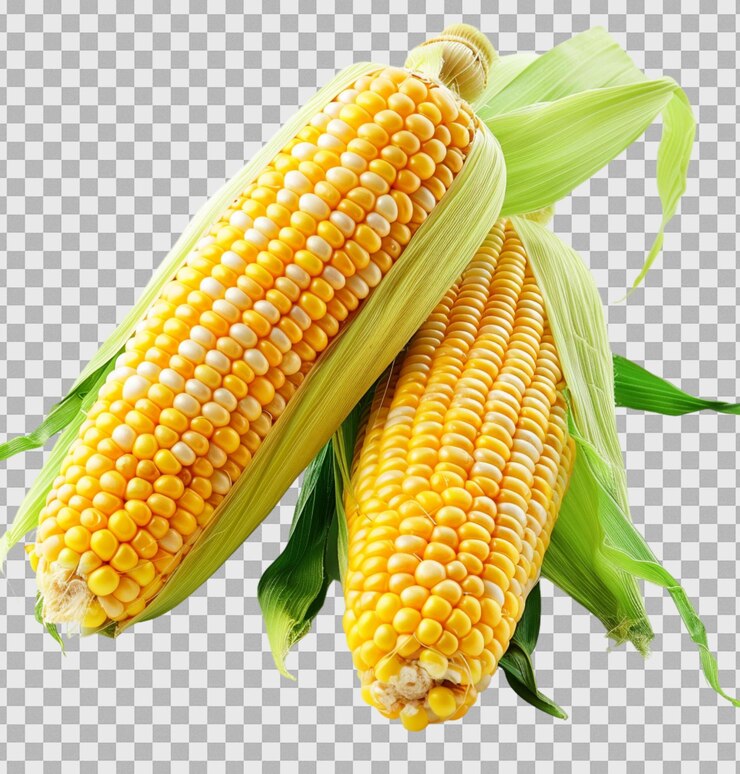 Corn is on the cob and the word corn on isolated transparent background