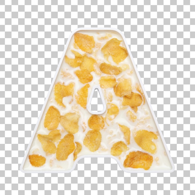 Cornflakes cereal with milk in letter a bowl