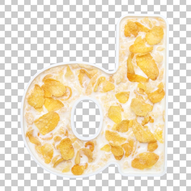 Cornflakes cereal with milk in letter d bowl