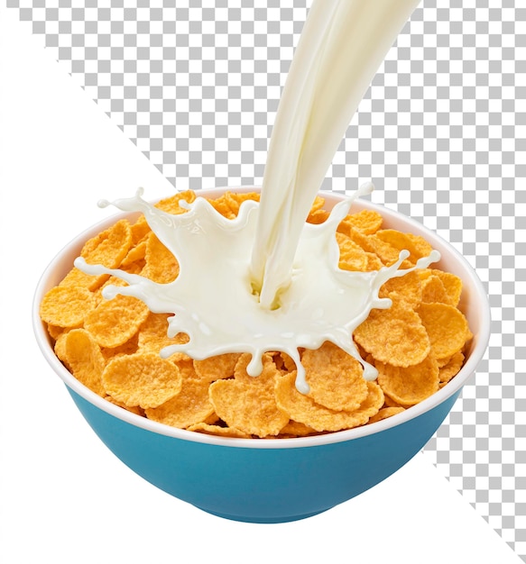 Cornflakes met stromende melk geïsoleerd op een witte achtergrond met uitknippad