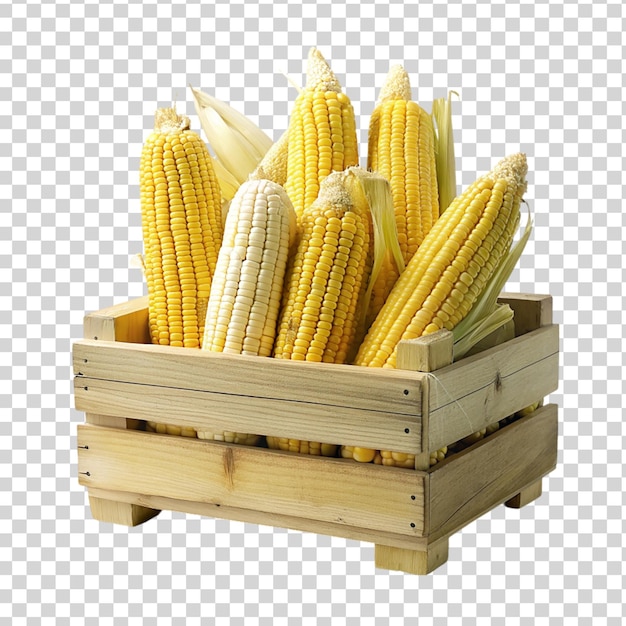 PSD corns on wooden crate isolated on transparent background