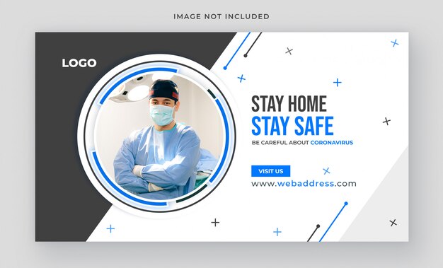 PSD modello di banner web blu coronavirus o covid-19