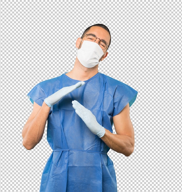 Coronavirus. Jonge man concepten doen en masker en beschermende handschoenen dragen