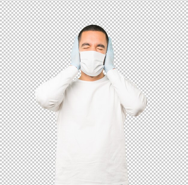 Coronavirus. jonge man concepten doen en masker en beschermende handschoenen dragen