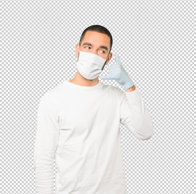 Coronavirus.young человек делает концепции и носить маску и защитные перчатки