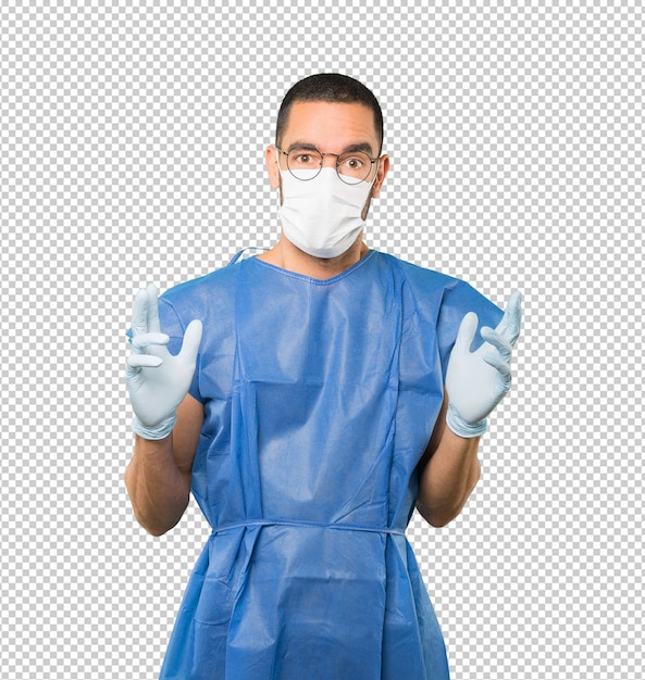 PSD coronavirus.young man doing concepts and wearing mask and protective gloves