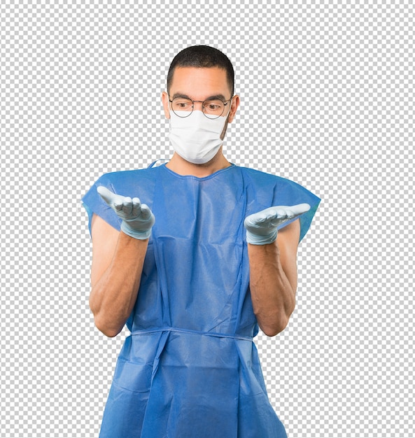 PSD coronavirus.young man doing concepts and wearing mask and protective gloves