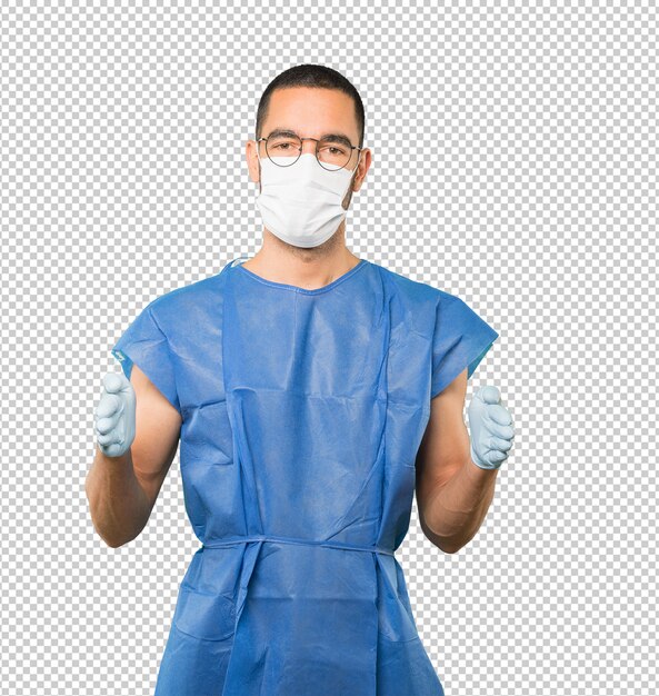 PSD coronavirus.young man doing concepts and wearing mask and protective gloves