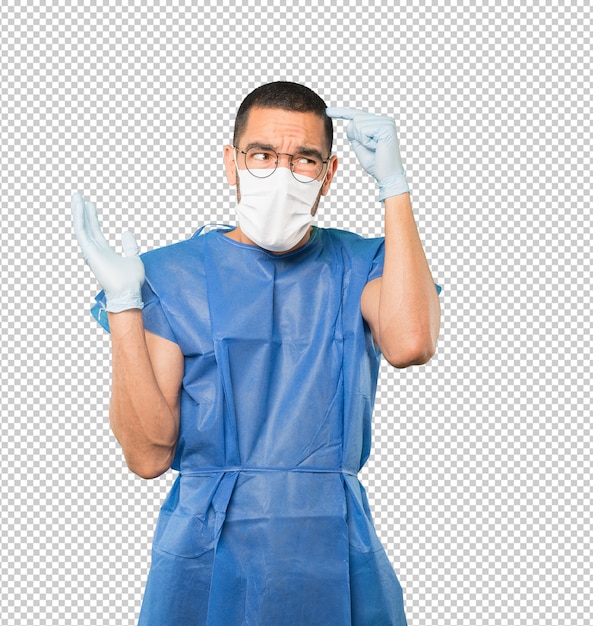 Coronavirus.young man doing concepts and wearing mask and protective gloves