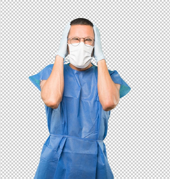 coronavirus.young man doing concepts and wearing mask and protective gloves