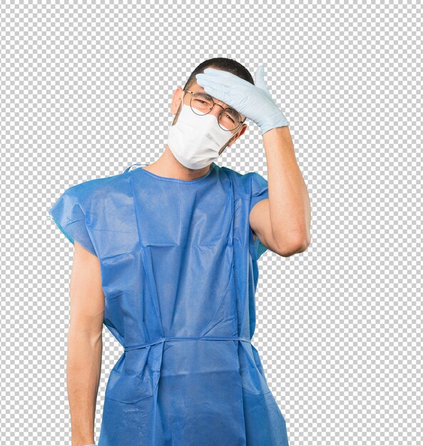 Coronavirus.young man doing concepts and wearing mask and protective gloves