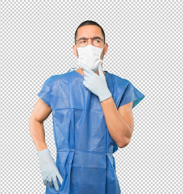 PSD coronavirus.young man doing concepts and wearing mask and protective gloves