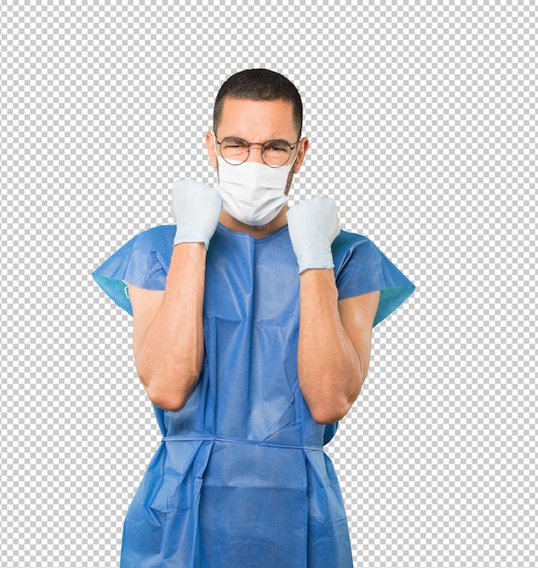coronavirus.young man doing concepts and wearing mask and protective gloves