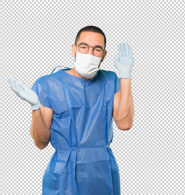 PSD coronavirus.young man doing concepts and wearing mask and protective gloves