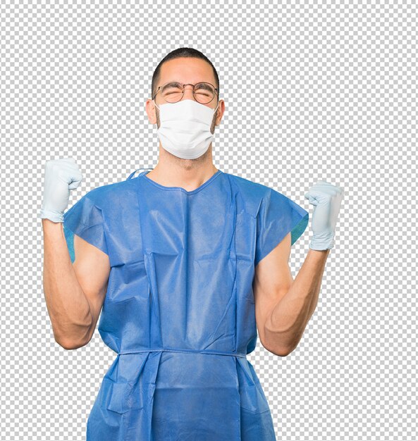 PSD coronavirus.young man doing concepts and wearing mask and protective gloves