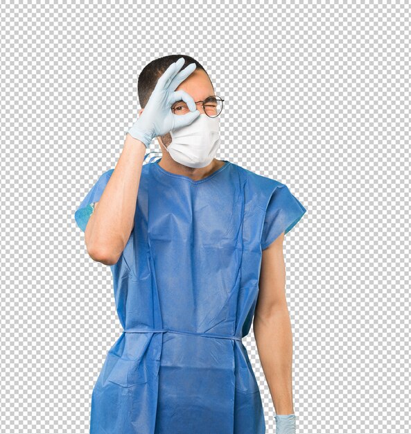 Coronavirus.young man doing concepts and wearing mask and protective gloves