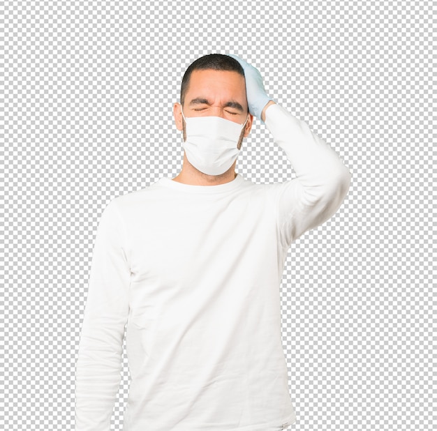 Coronavirus.Young man doing concepts and wearing mask and protective gloves