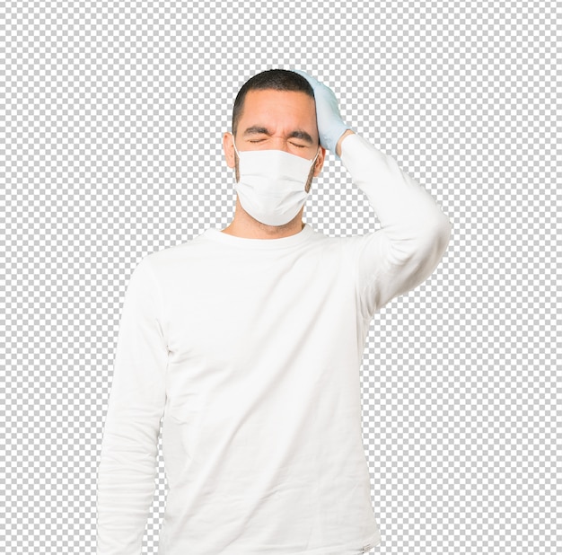 PSD coronavirus.young man doing concepts and wearing mask and protective gloves