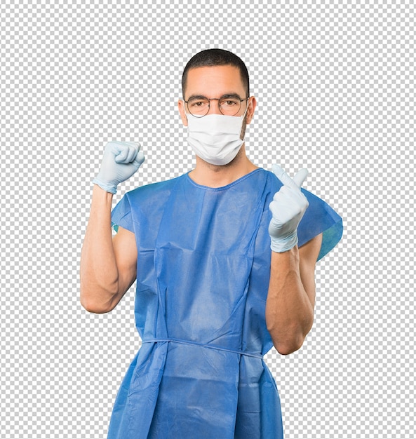 PSD coronavirus.young man doing concepts and wearing mask and protective gloves