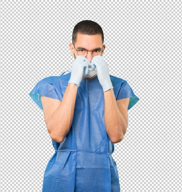 coronavirus.young man doing concepts and wearing mask and protective gloves