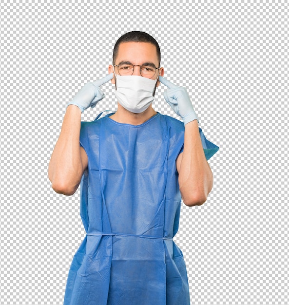 coronavirus.young man doing concepts and wearing mask and protective gloves
