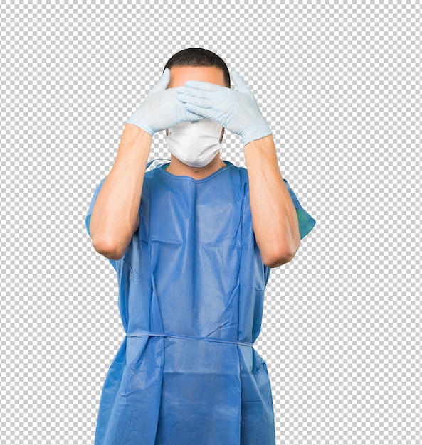 PSD coronavirus.young man doing concepts and wearing mask and protective gloves