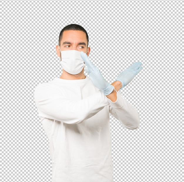 PSD coronavirus.young man doing concepts and wearing mask and protective gloves