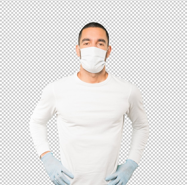 PSD coronavirus.young man doing concepts and wearing mask and protective gloves