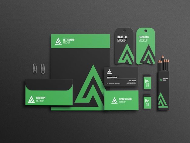 PSD corporate assortiment briefpapier mockup donkere achtergrond