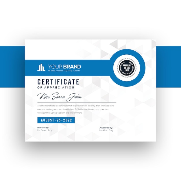 Modello di certificato moderno gradiente aziendale aziendale blu