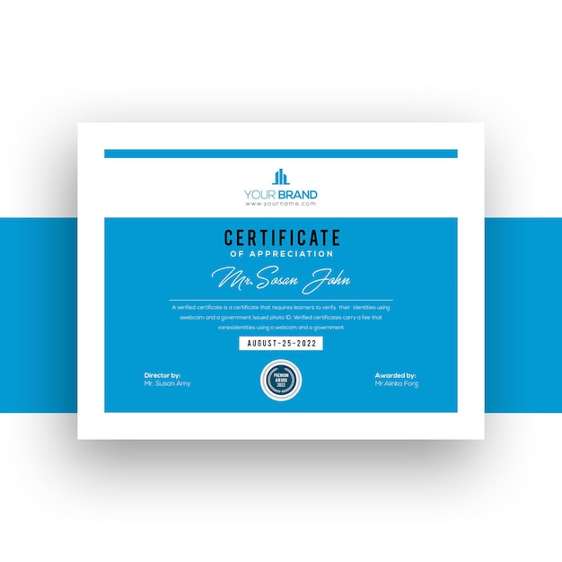 Corporate company gradient modern certificate template blue