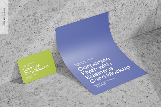 Corporate flyer met visitekaartje mockup, linkeraanzicht