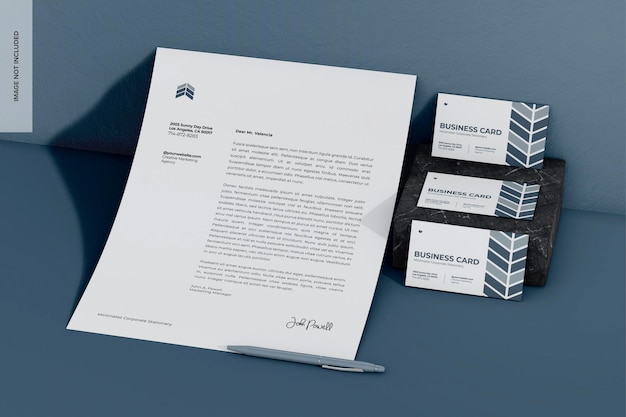 Corporate Letterhead with Business Cards Mockup High Angle View