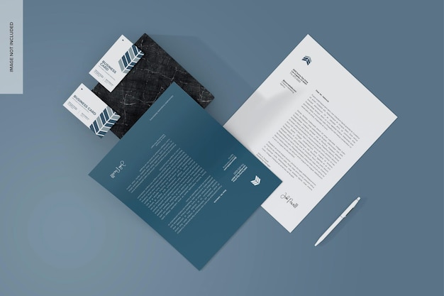 Corporate letterheads with business cards mockup top view