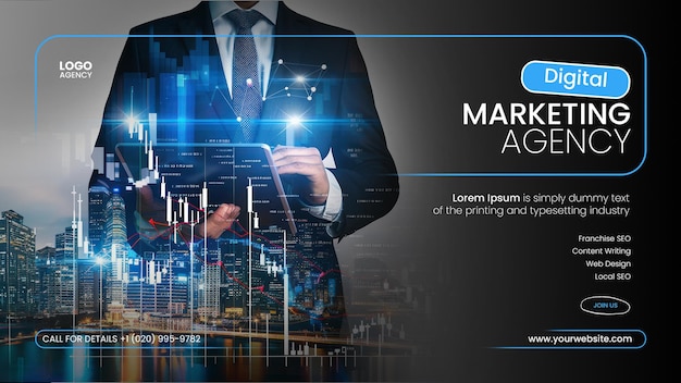 corporate services banner template with businessman holding a tablet