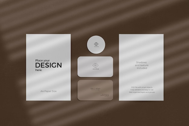 PSD corporate stationary set mockup with window shadow effect