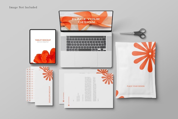 Corporate stationery branding mockup top view 3d rendering