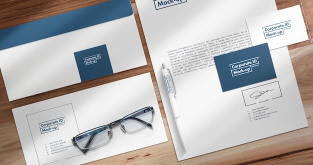 PSD corporate stationery mock up close-upweergave instellen met beweegbare objecten