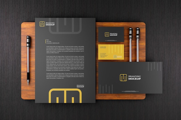 Corporate stationery mockup with dark theme