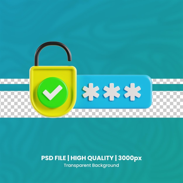 correct password 3d high quality render protection and security transparent background