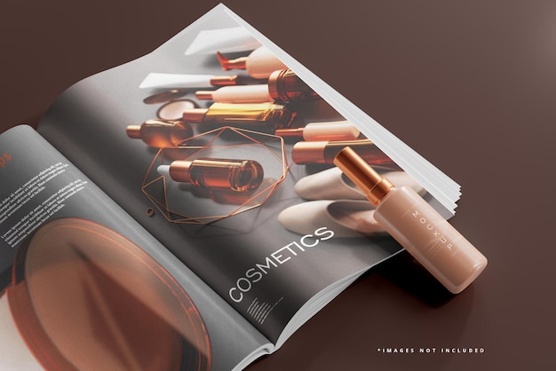 Mockup di bottiglia cosmetica e rivista