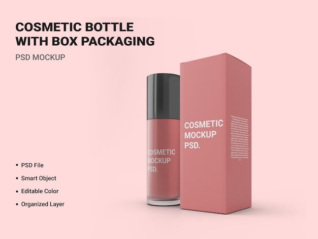 Bottiglia cosmetica con scatola imballaggio mockup isolato